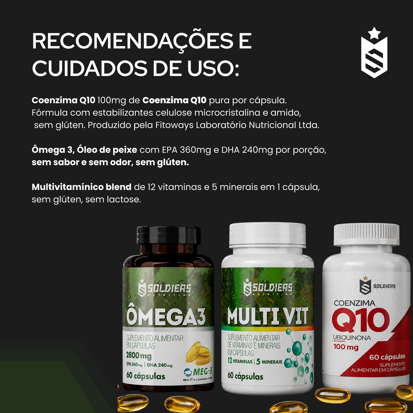 Kit Coenzima Q10 100mg - 60 Cáps + Ômega 3 1000mg - 60 Cáps + Multivitamínico - 60 Cáps