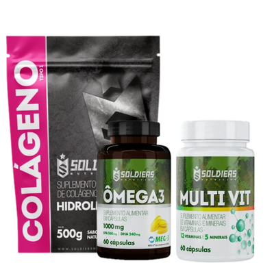 Kit Colágeno 500g + Ômega 3 60 Cáps + Multivitaminico 60 Cáps