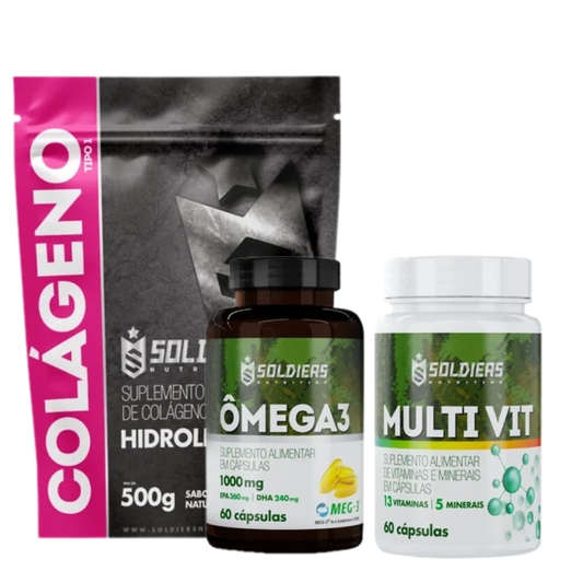 Kit Colágeno 500g + Ômega 3 60 Cáps + Multivitaminico 60 Cáps