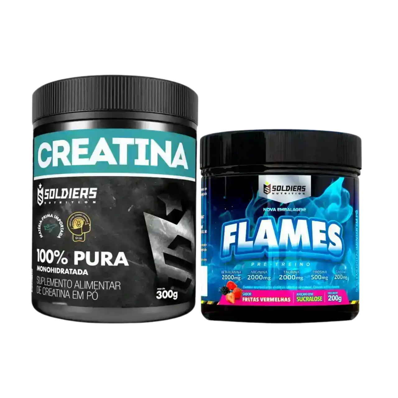Kit: Creatina Monohidratada Pote 300g 100% Pura + Pré-Treino Flames 200g - Soldiers Nutrition