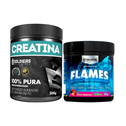 Kit: Creatina Monohidratada Pote 300g 100% Pura + Pré-Treino Flames 200g - Soldiers Nutrition