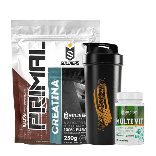 Kit Iniciante Whey Primal 1Kg + Creatina 250g + Multi Vita 60 Cáps + Coqueteleira 600ml