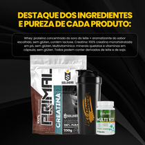 Kit Iniciante Whey Primal 1Kg + Creatina 250g + Multi Vita 60 Cáps + Coqueteleira 600ml