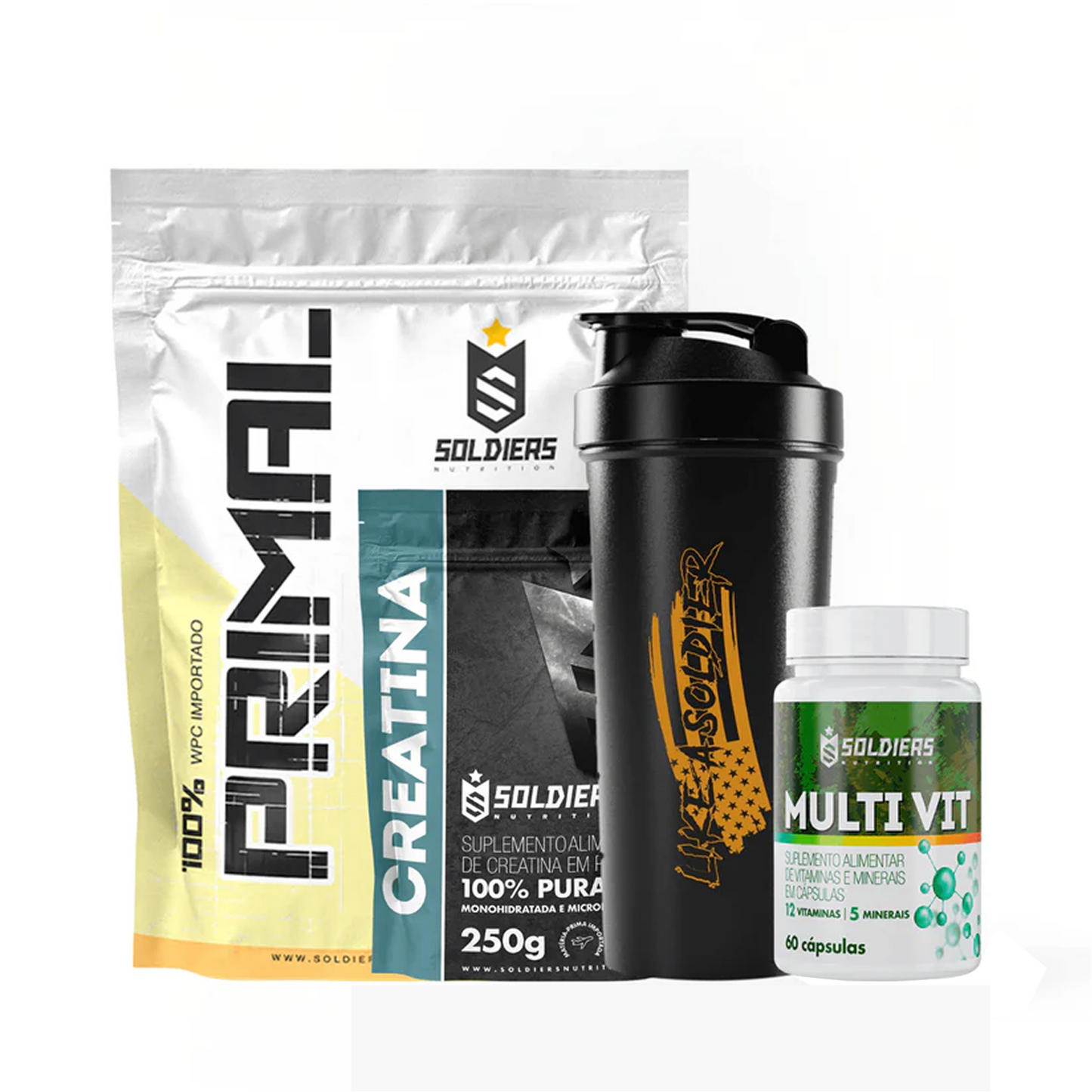 Kit Iniciante Whey Primal 1Kg + Creatina 250g + Multi Vita 60 Cáps + Coqueteleira 600ml