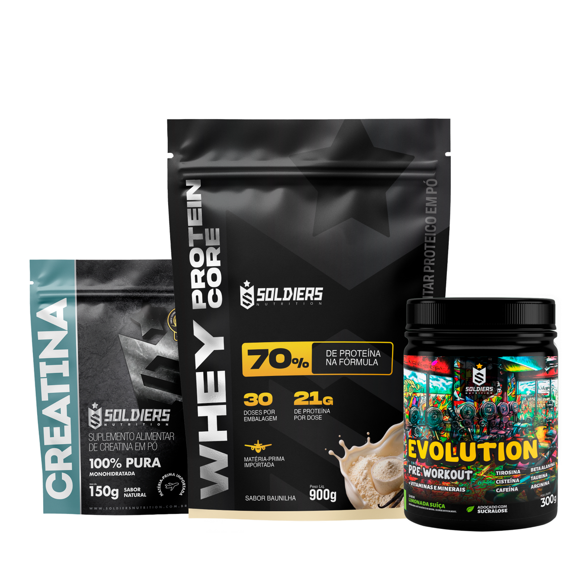 Kit Whey Core 900g Baunilha + Pré-Treino Evoluition 300g Uva Verde com Melão + Creatina 150g