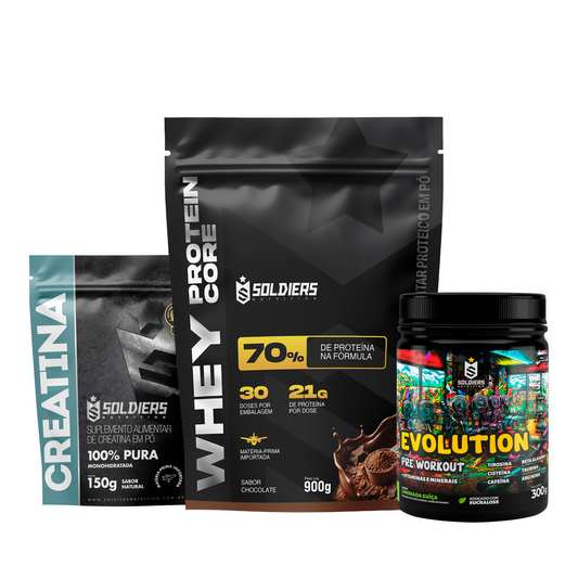 Kit Whey Core 900g + Pré-Treino Evoluition 300g + Creatina 150g