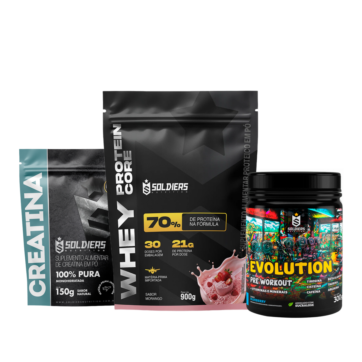 Kit Whey Core 900g Baunilha + Pré-Treino Evoluition 300g Uva Verde com Melão + Creatina 150g