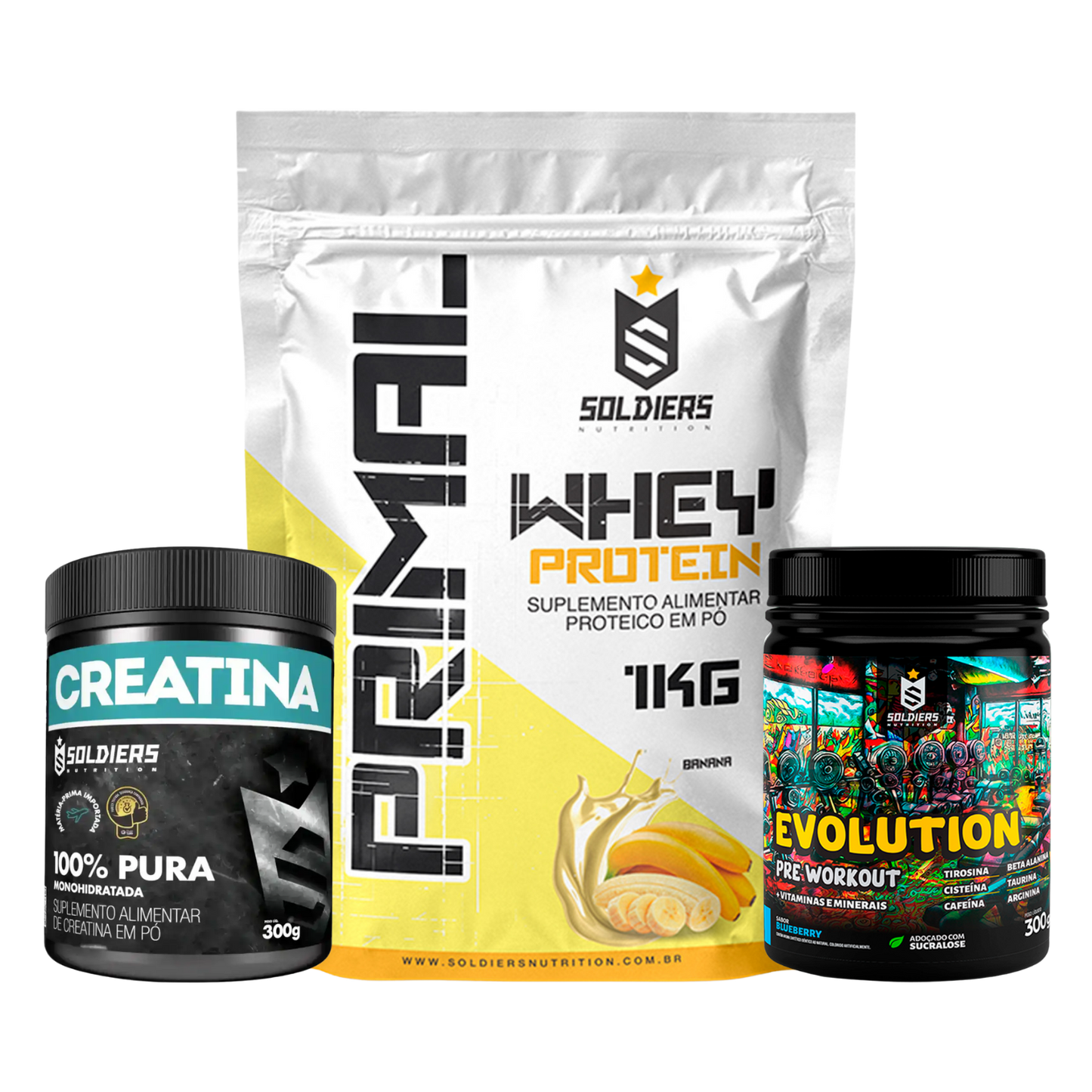 Kit: Whey  Primal 1Kg + Creatina 300g + Pré Treino Evolution 300g - Soldiers Nutrition