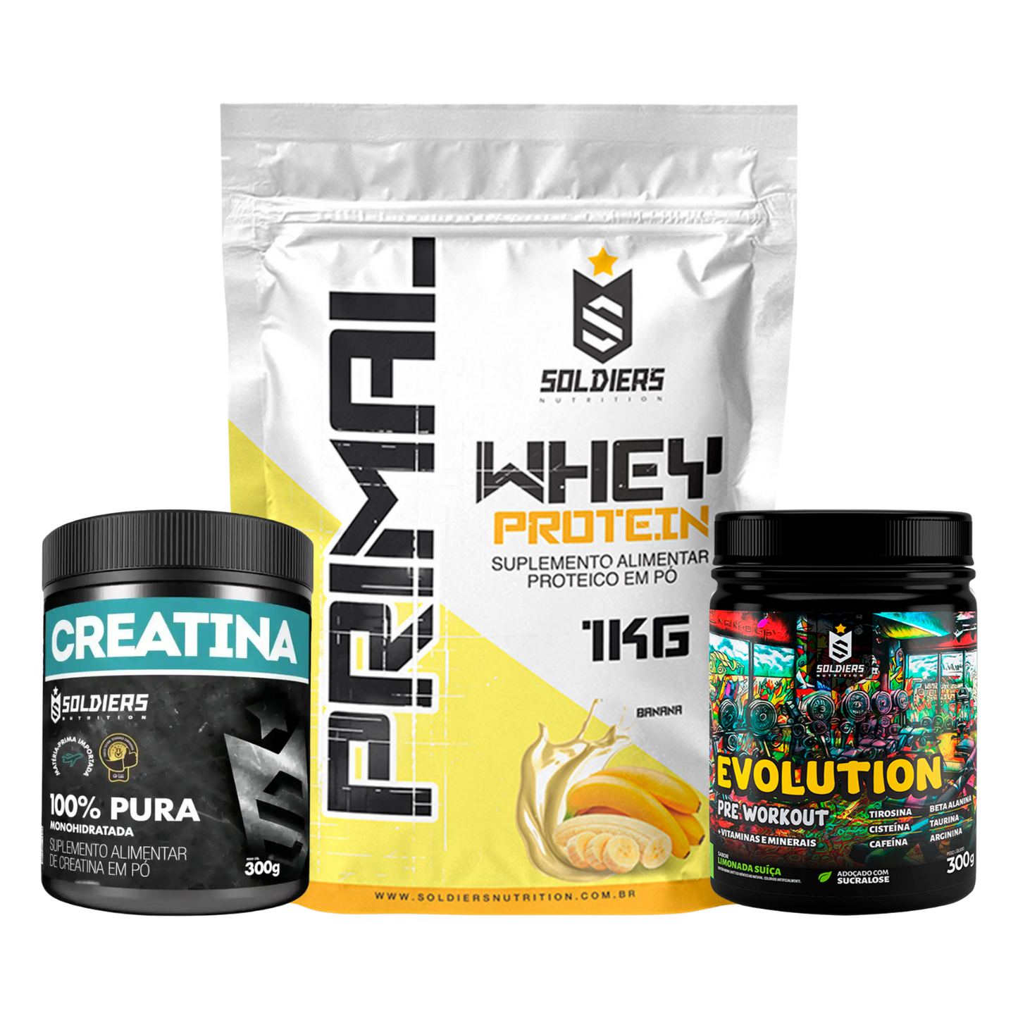 Kit: Whey Primal 1Kg + Creatina 300g + Pré Treino Evolution 300g - Soldiers Nutrition
