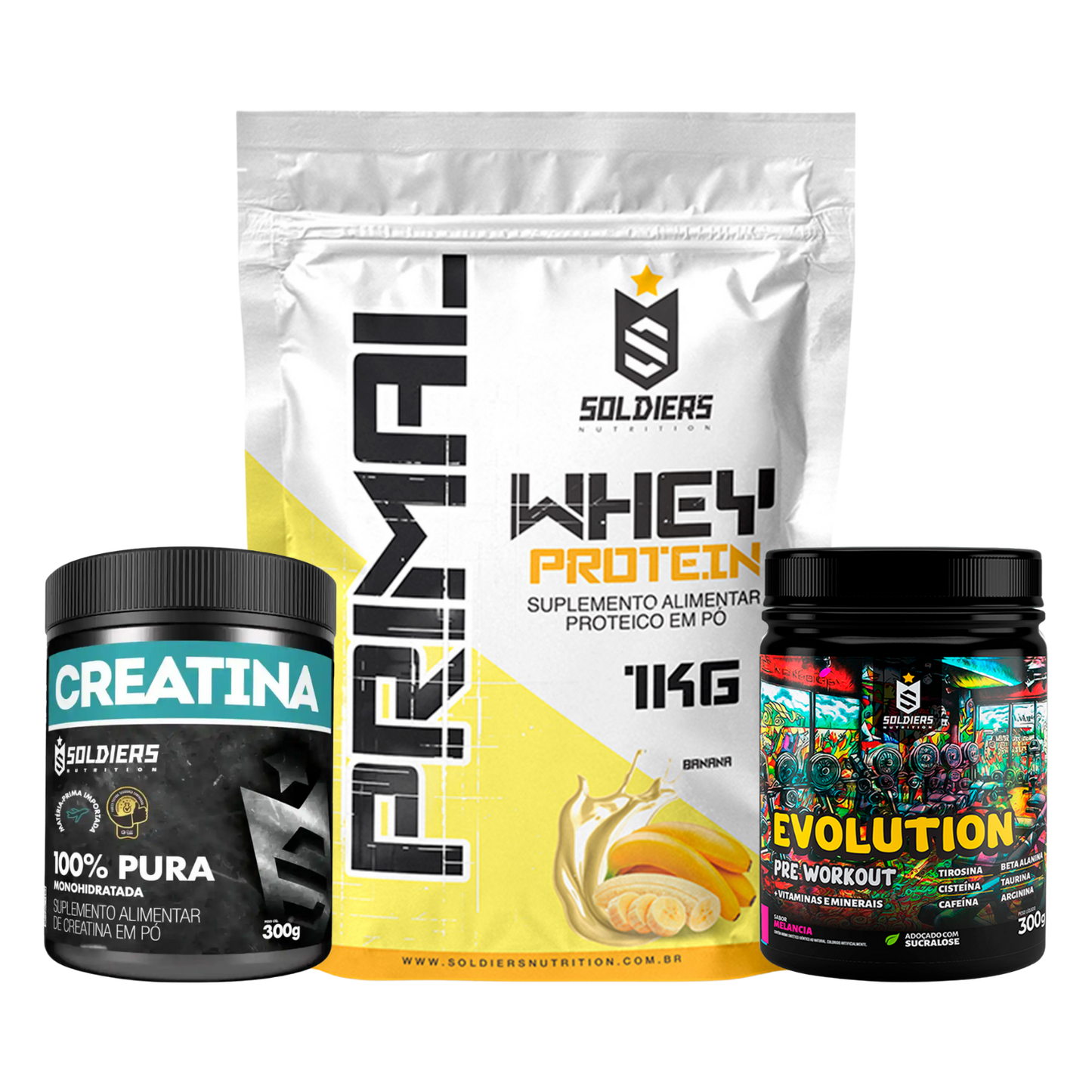 Kit: Whey Primal 1Kg + Creatina 300g + Pré Treino Evolution 300g - Soldiers Nutrition