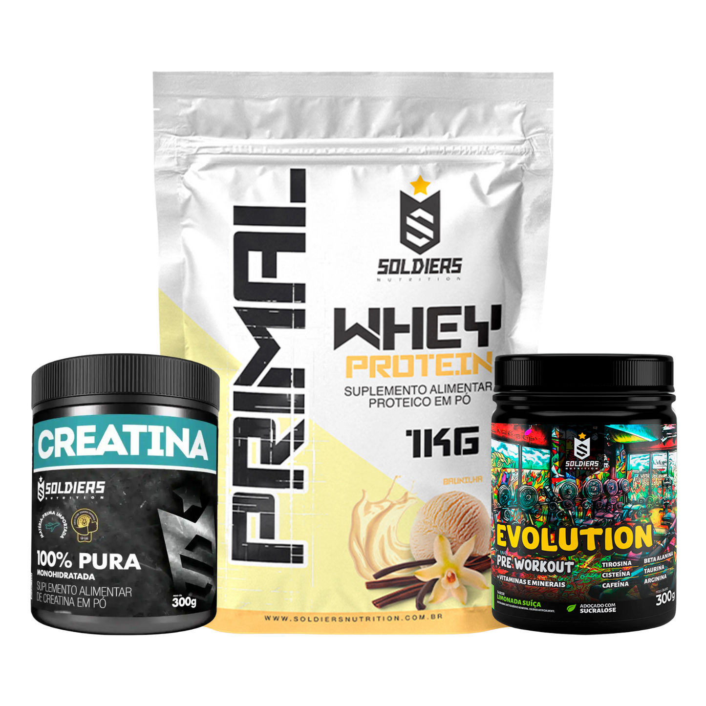 Kit: Whey Primal 1Kg + Creatina 300g + Pré Treino Evolution 300g - Soldiers Nutrition