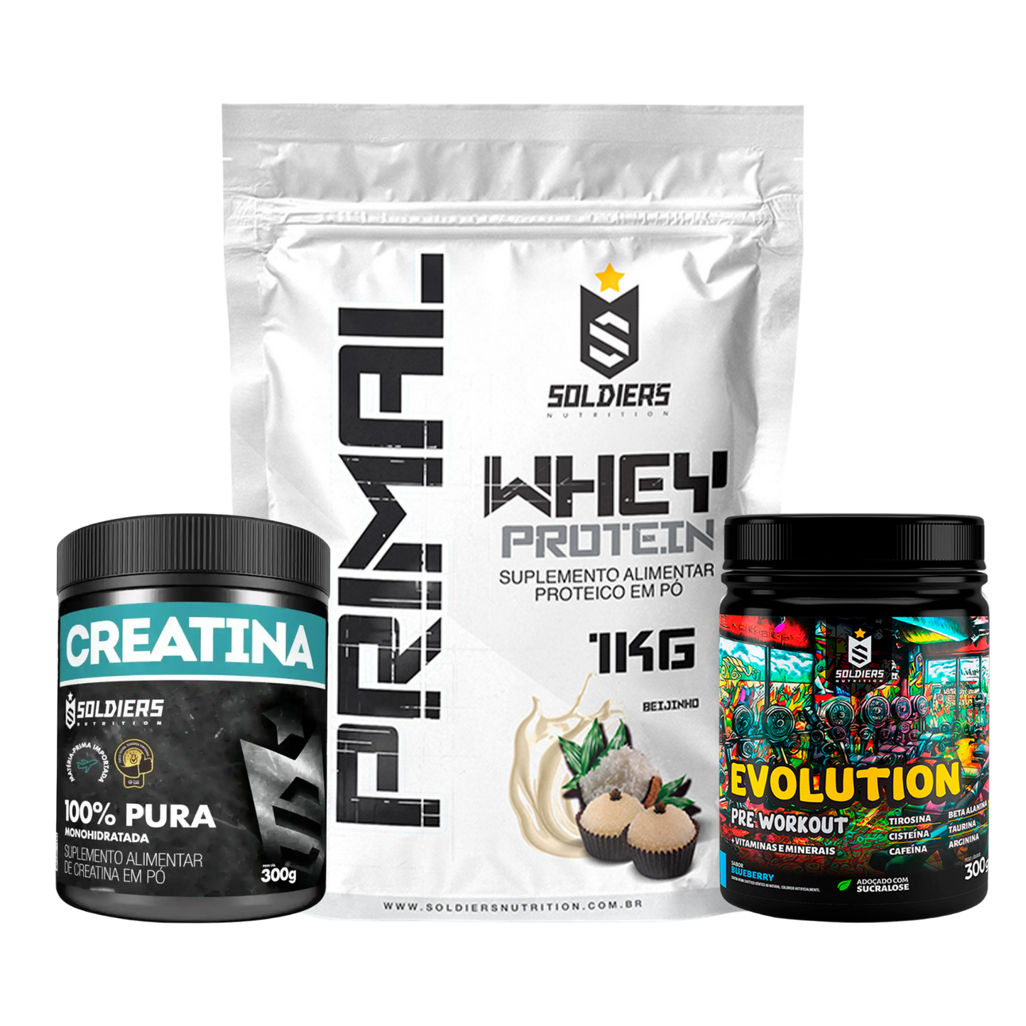 Kit: Whey  Primal 1Kg + Creatina 300g + Pré Treino Evolution 300g - Soldiers Nutrition