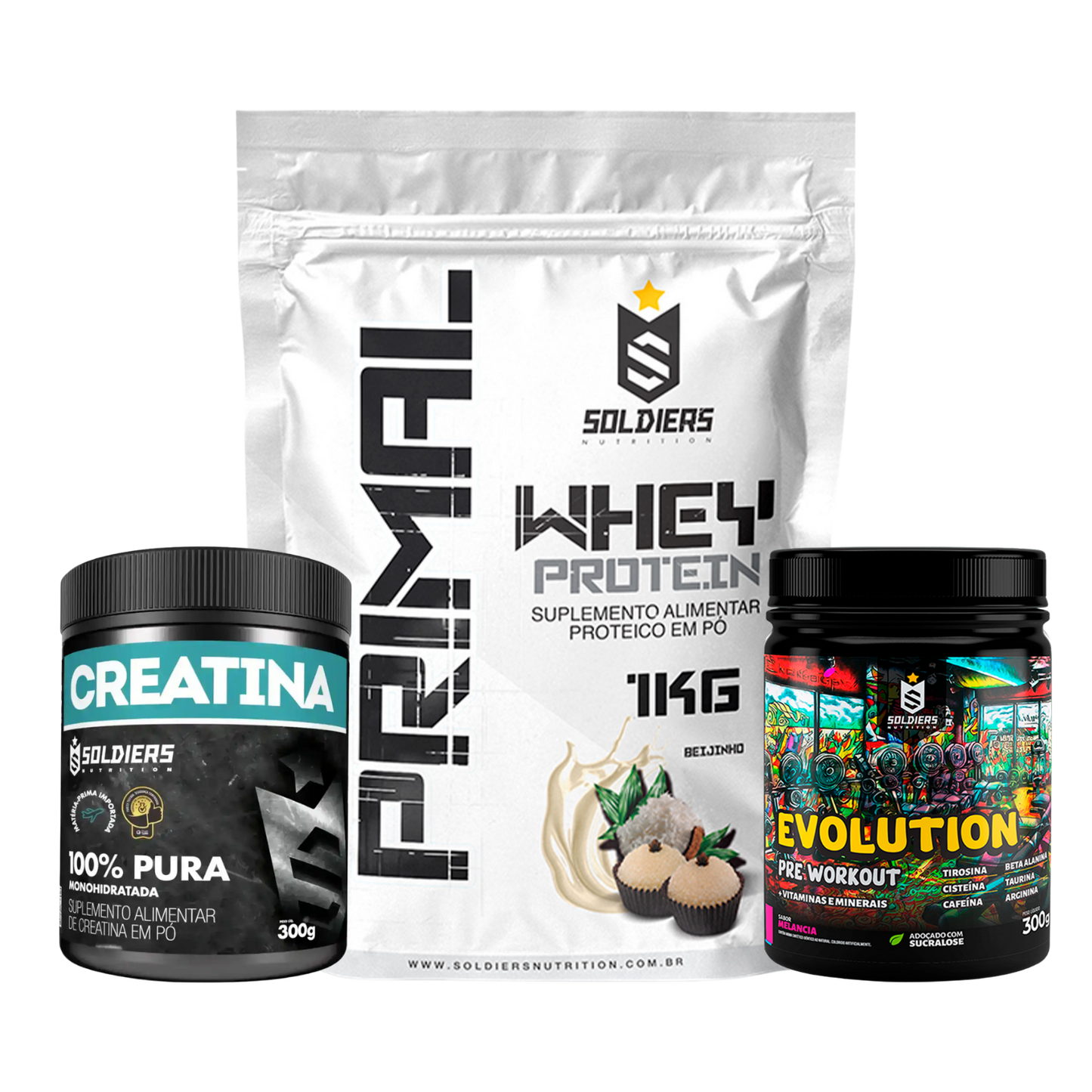Kit: Whey Primal 1Kg + Creatina 300g + Pré Treino Evolution 300g - Soldiers Nutrition