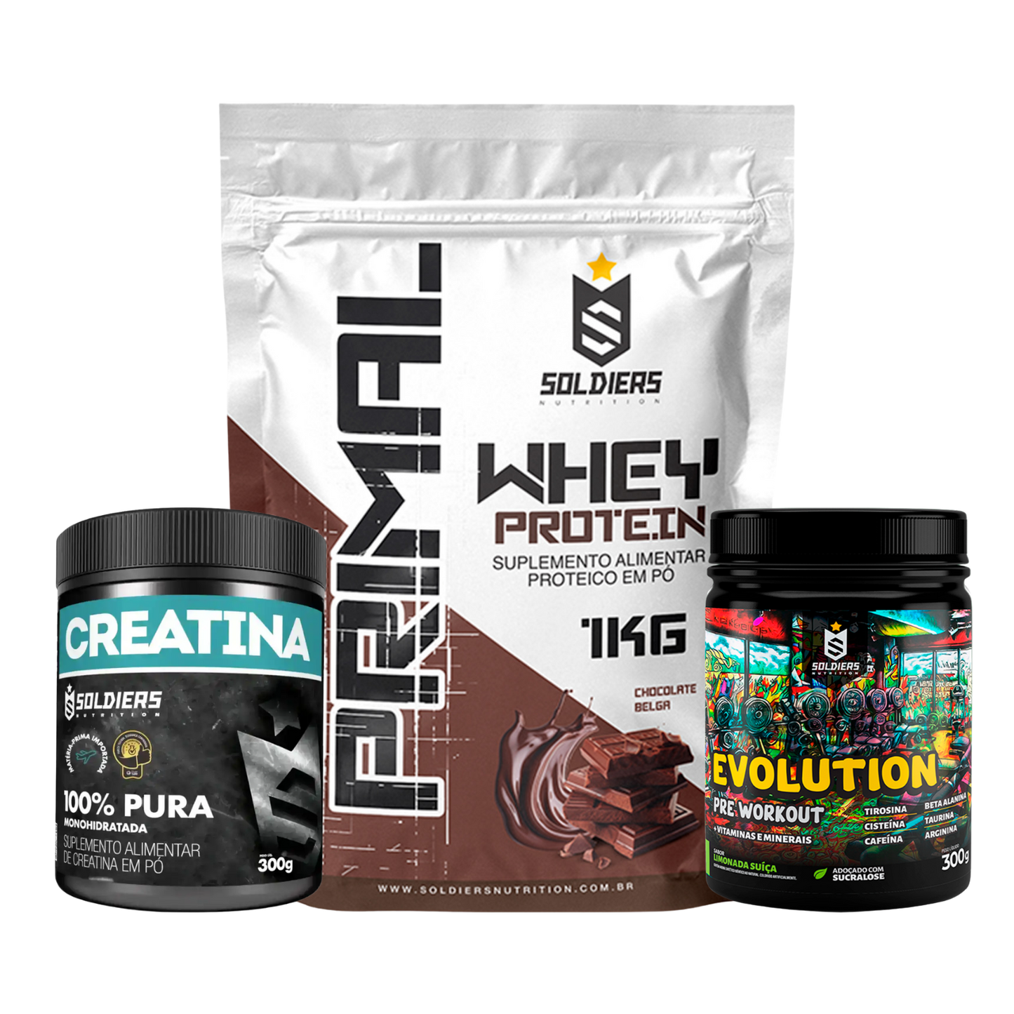 Kit: Whey Primal 1Kg + Creatina 300g + Pré Treino Evolution 300g - Soldiers Nutrition