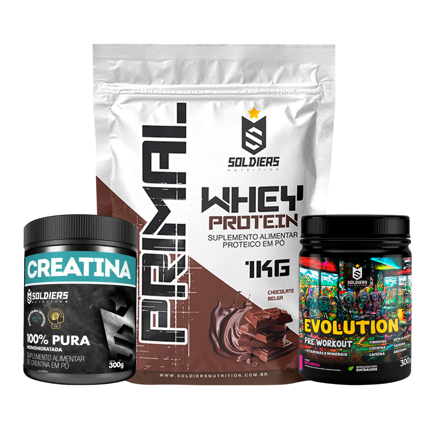 Kit: Whey Primal 1Kg + Creatina 300g + Pré Treino Evolution 300g - Soldiers Nutrition