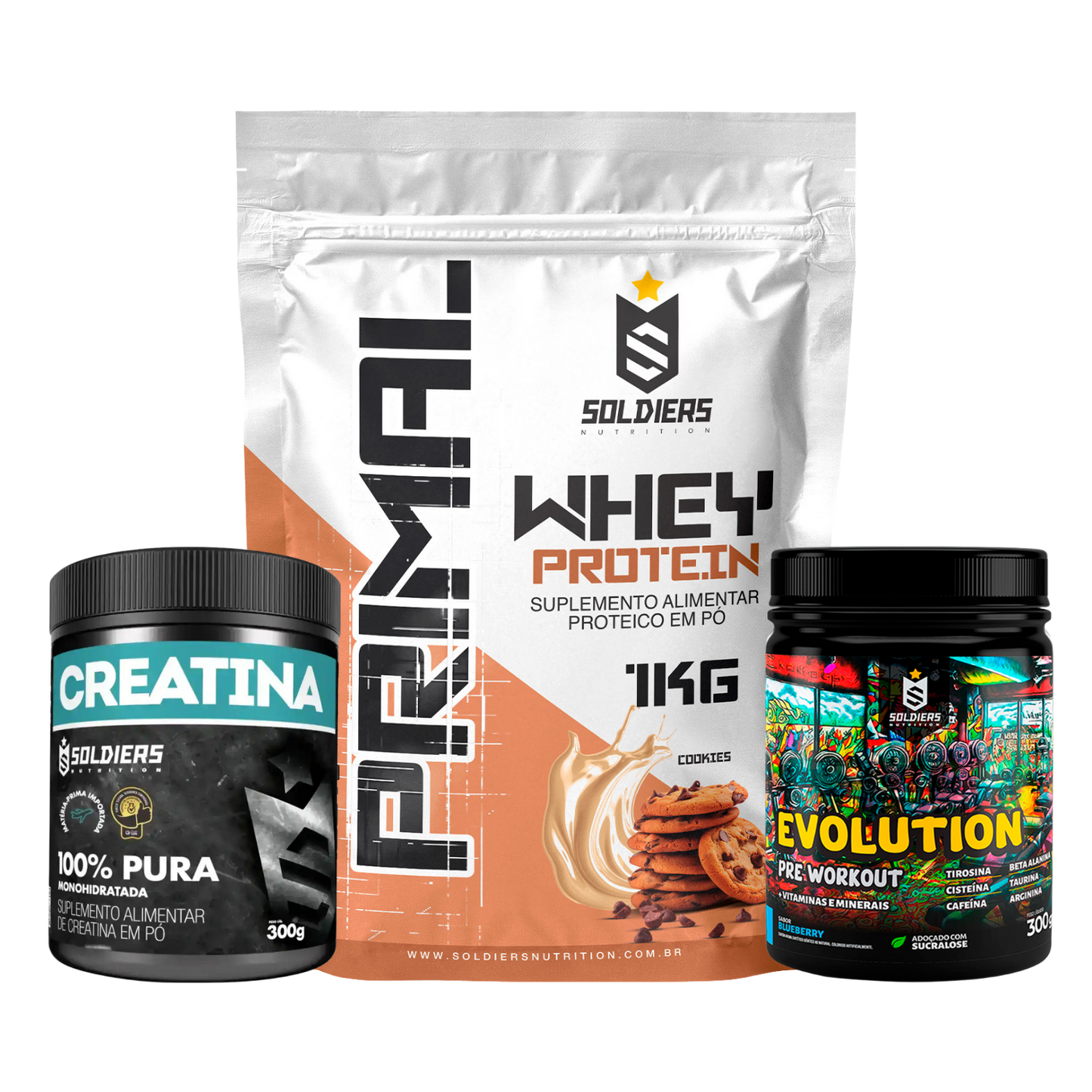 Kit: Whey  Primal 1Kg + Creatina 300g + Pré Treino Evolution 300g - Soldiers Nutrition