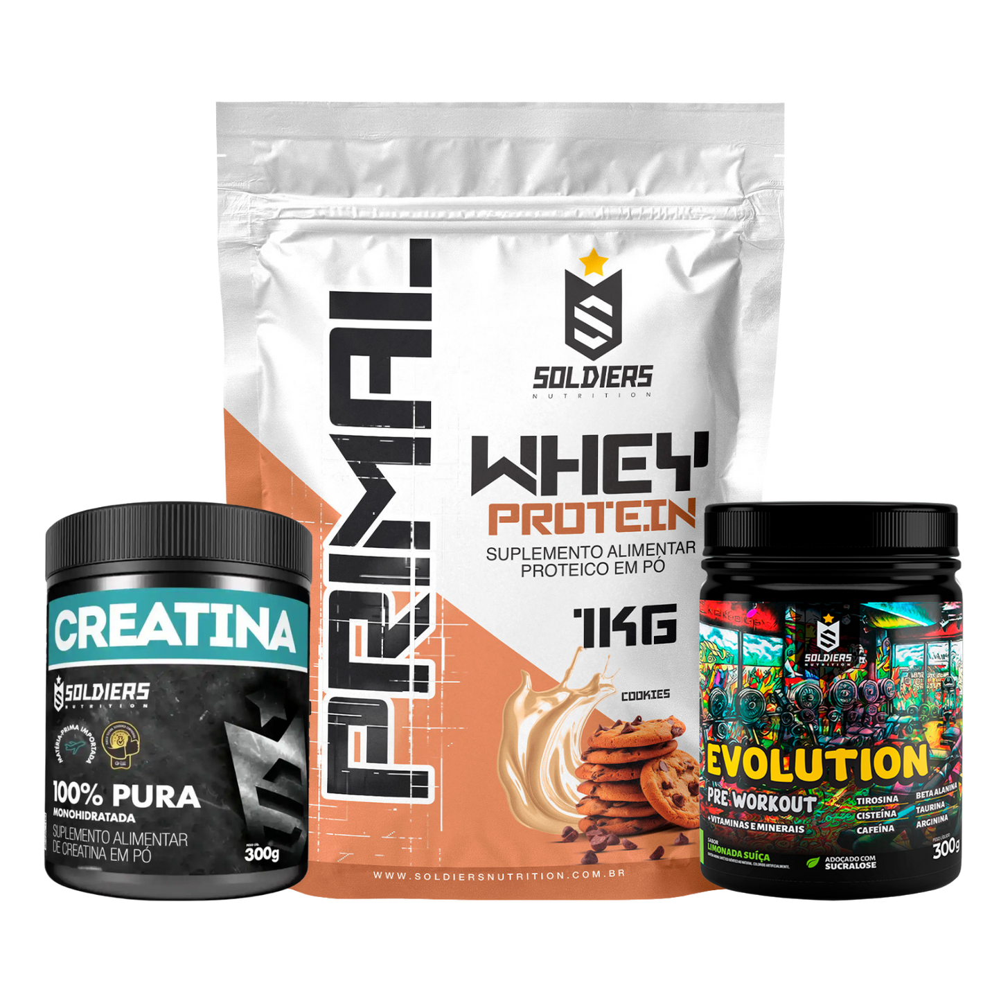 Kit: Whey Primal 1Kg + Creatina 300g + Pré Treino Evolution 300g - Soldiers Nutrition
