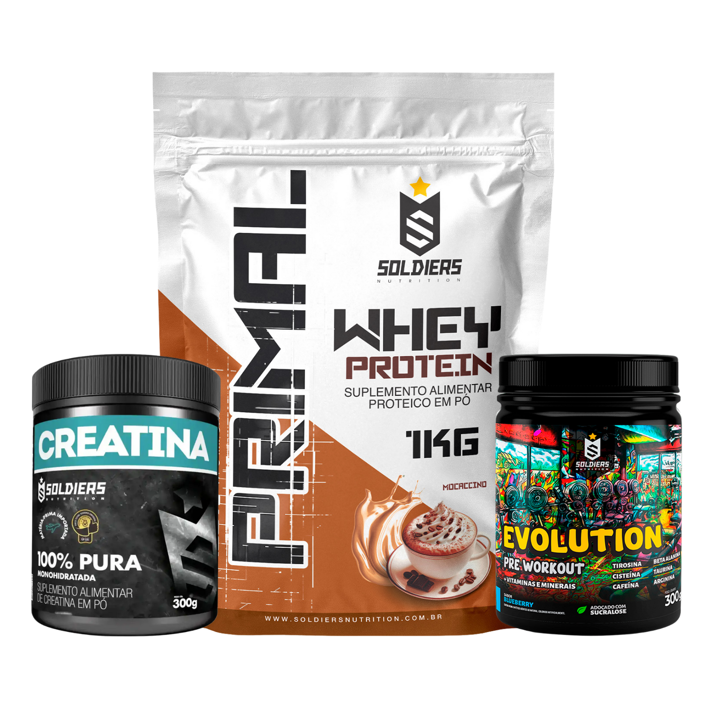 Kit: Whey  Primal 1Kg + Creatina 300g + Pré Treino Evolution 300g - Soldiers Nutrition