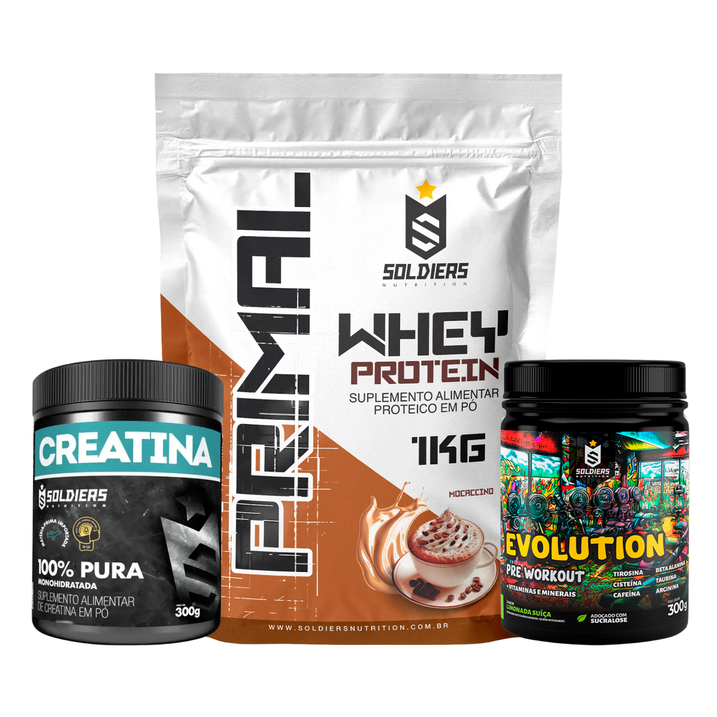 Kit: Whey Primal 1Kg + Creatina 300g + Pré Treino Evolution 300g - Soldiers Nutrition