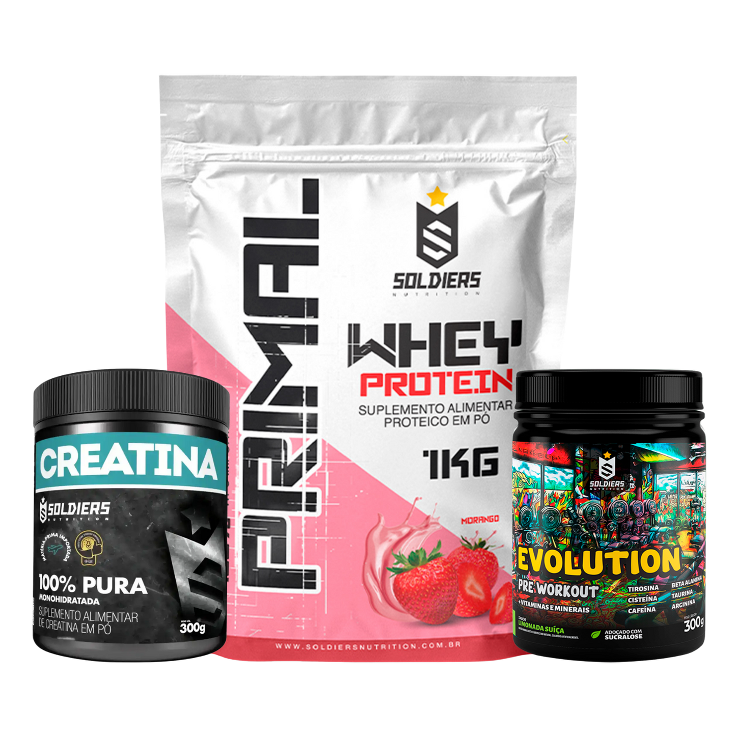 Kit: Whey Primal 1Kg + Creatina 300g + Pré Treino Evolution 300g - Soldiers Nutrition