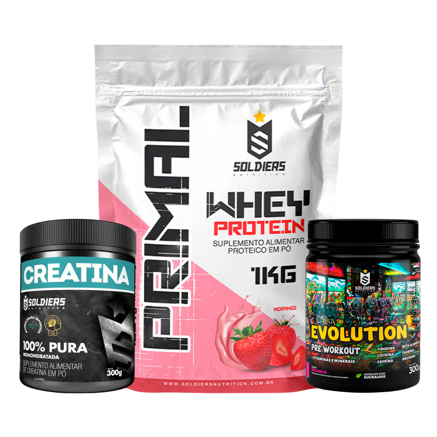 Kit: Whey Primal 1Kg + Creatina 300g + Pré Treino Evolution 300g - Soldiers Nutrition
