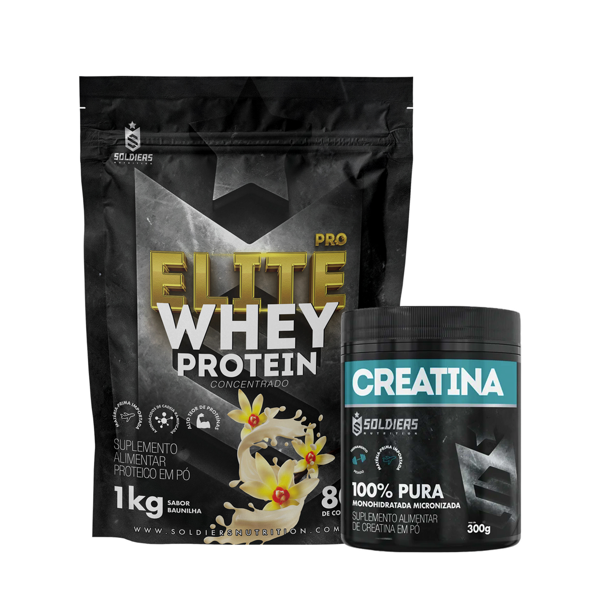 Kit: Whey Protein Elite Pro 1kg + Creatina Monohidratada Pote 300g - 100% Pura Importada - Soldiers Nutrition