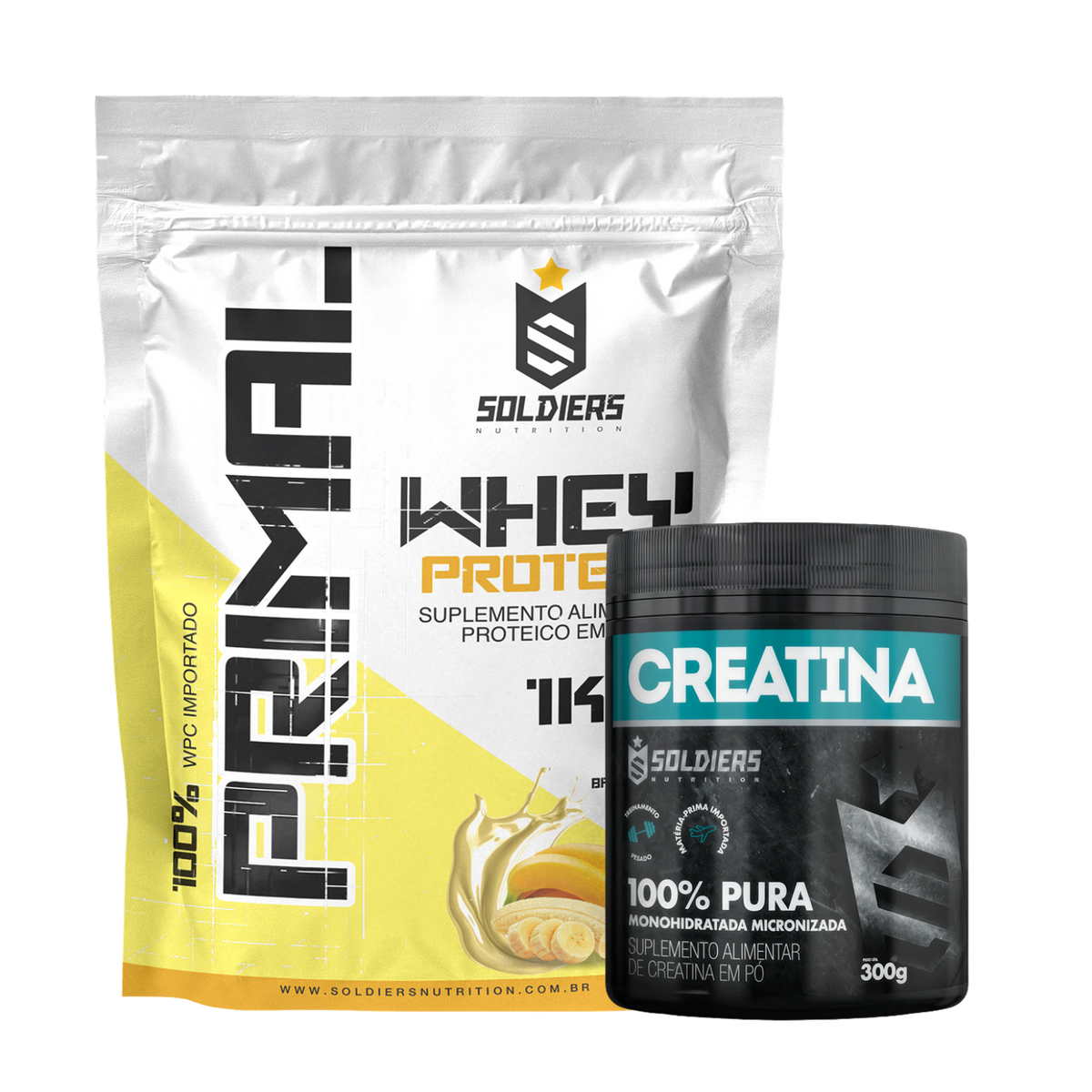 Kit: Whey Protein Primal 1Kg 100% Importado + Creatina Monohidratada Pote 300g - Soldiers Nutrition