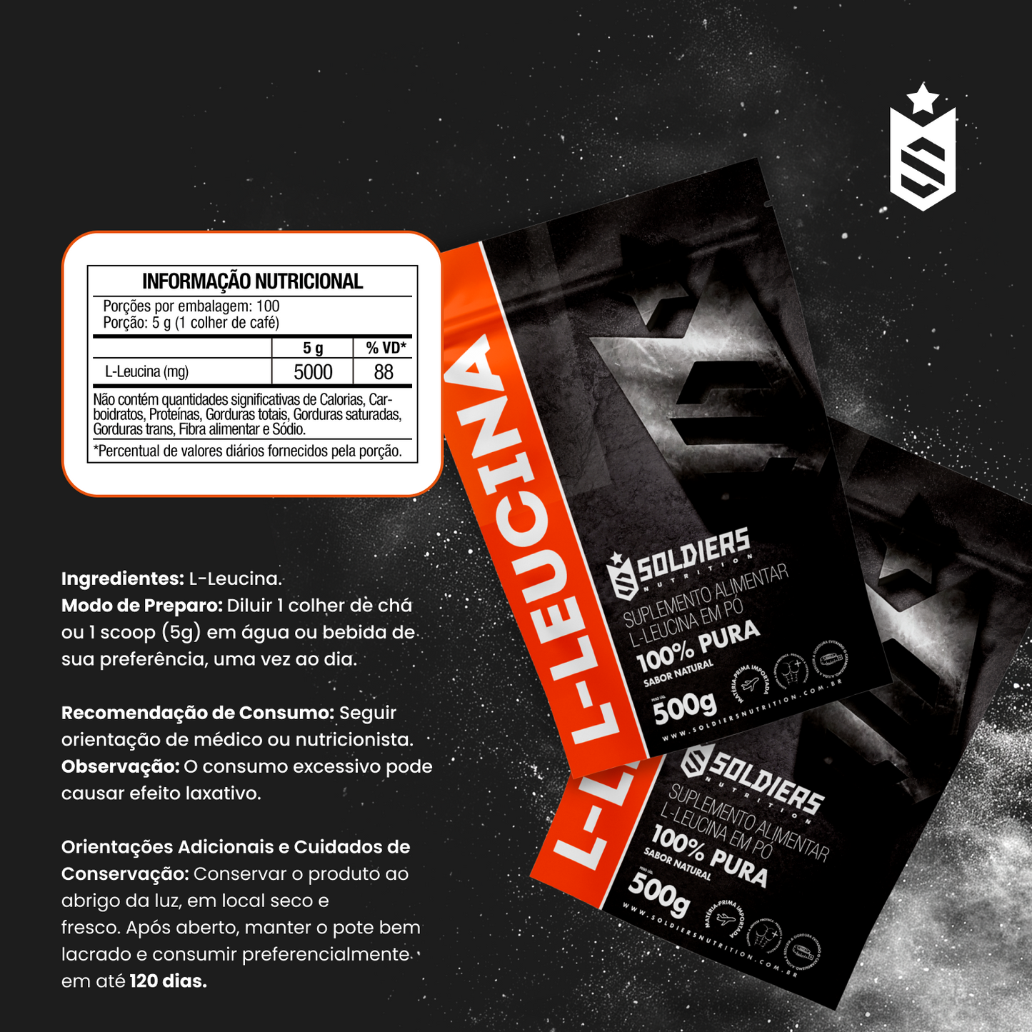 L - Leucina 500g - 100% Pura Importada - Soldiers Nutrition