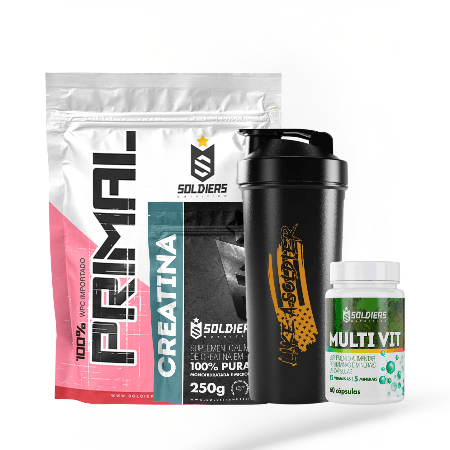 KIT PRIMEIRO PASSO Whey 1Kg, Creatina, Multivitamínico e Coqueteleira