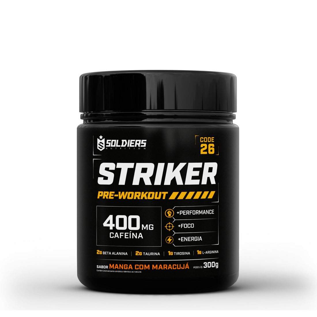 Pré-Treino Striker 300g Suplemento Alimentar em Pó 400mg Cafeína 20 Doses - Soldiers Nutrition