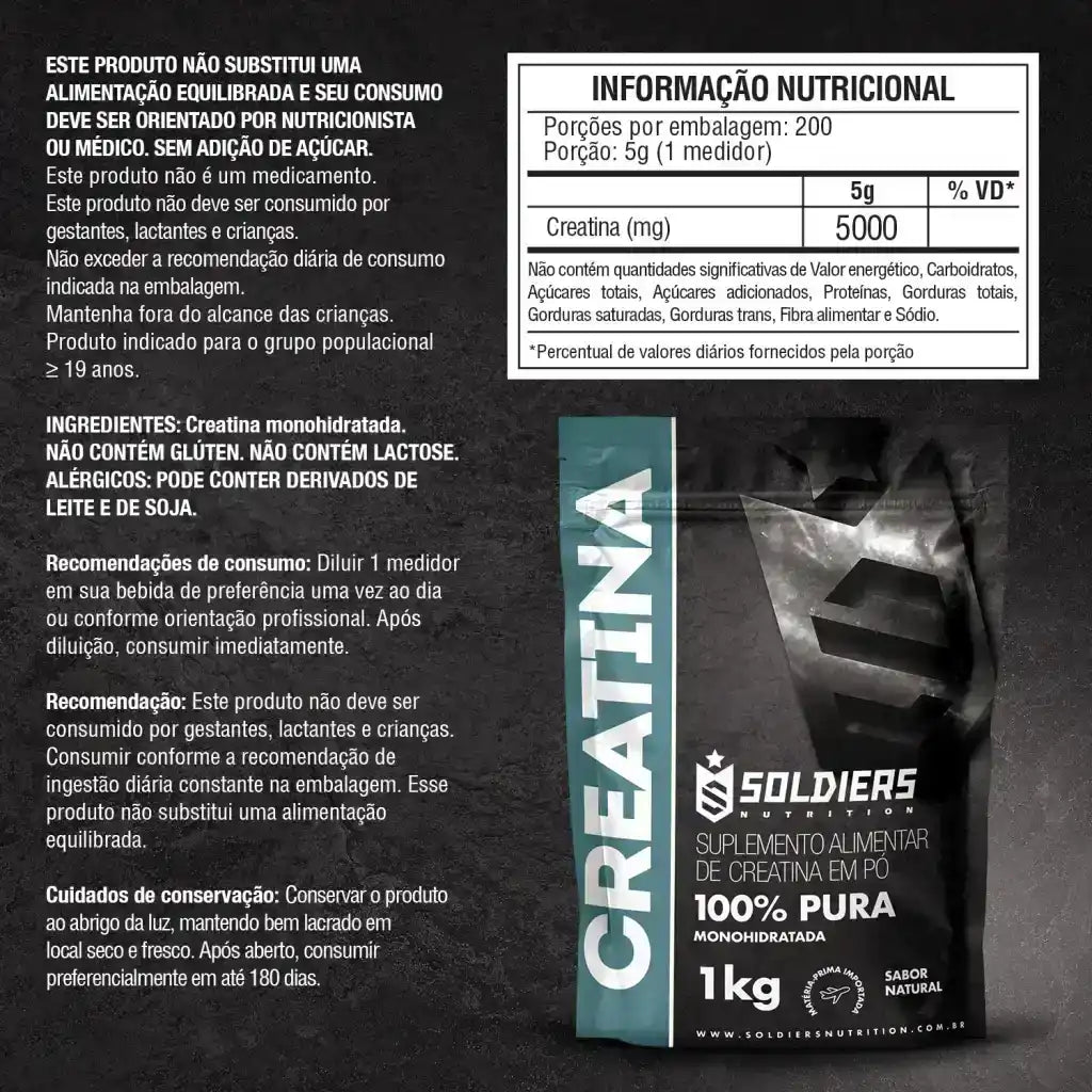 Embalagem de suplemento creatina monohidratada 1kg, rótulo com informações nutricionais em português.