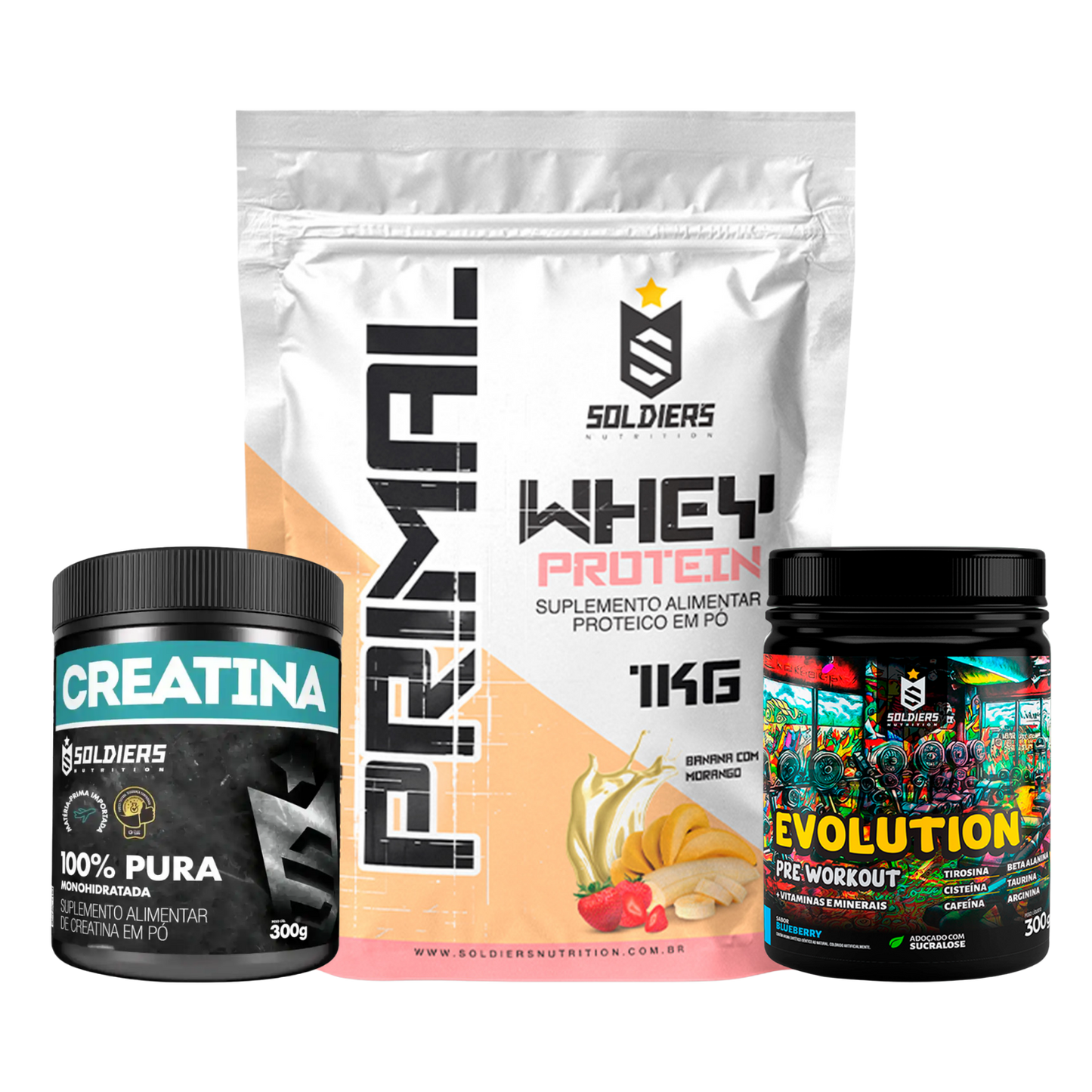Kit: Whey  Primal 1Kg + Creatina 300g + Pré Treino Evolution 300g - Soldiers Nutrition