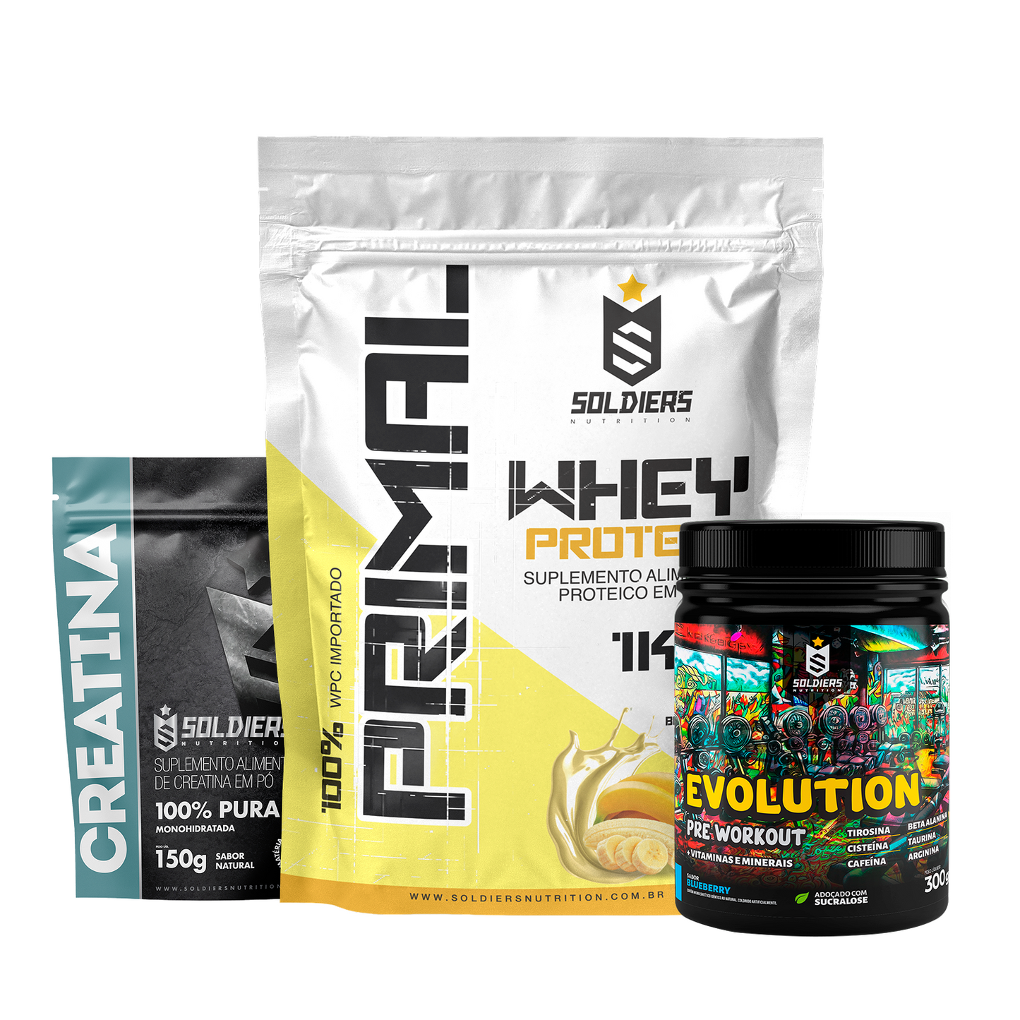 Kit Whey Primal 1Kg + Creatina 300g + Pré Treino Evolution 300g