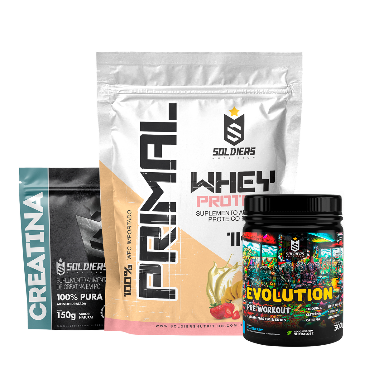 Kit Whey Primal 1Kg + Creatina 300g + Pré Treino Evolution 300g