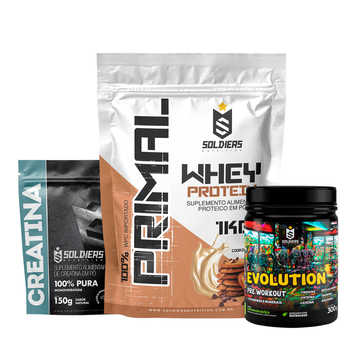 Kit Whey Primal 1Kg + Creatina 300g + Pré Treino Evolution 300g