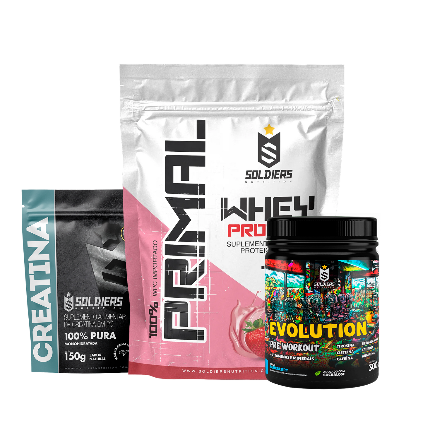 Kit Whey Primal 1Kg + Creatina 300g + Pré Treino Evolution 300g
