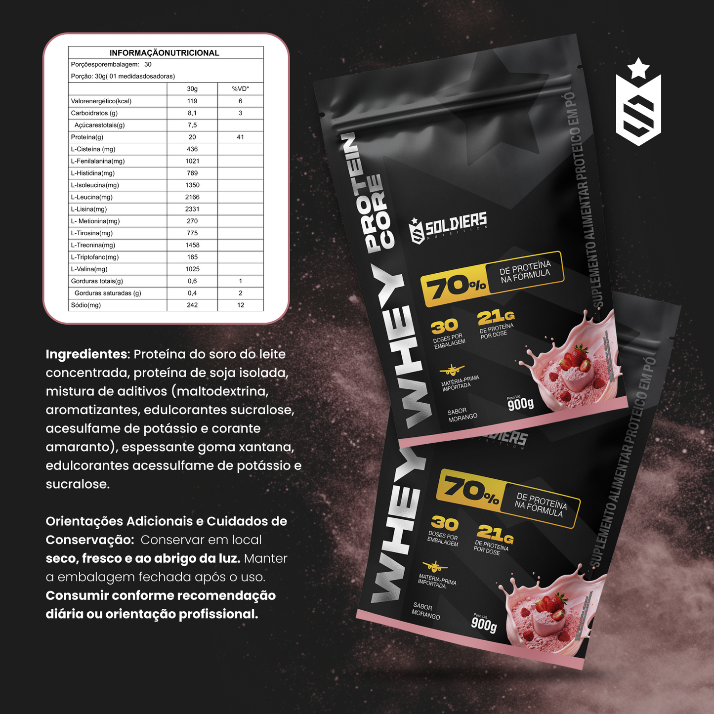 Whey Core Protein Proteínas Pó 900g 30 Doses - Soldiers Nutrition