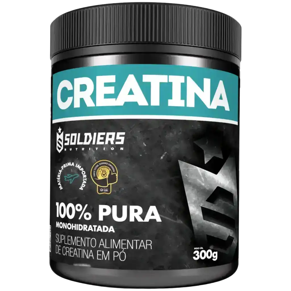 Pote de creatina monohidratada 100% pura, suplemento alimentar em pó, 300g.