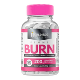 Pote de suplemento alimentar Femme Burn, 90 tabletes, com tampa rosa e destaque para cafeína e minerais.