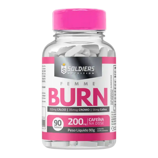 Pote de suplemento alimentar Femme Burn, 90 tabletes, com tampa rosa e destaque para cafeína e minerais.