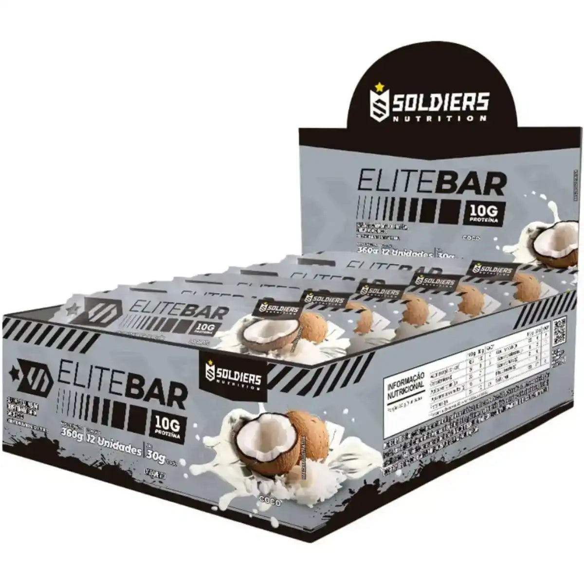 Caixa de barras de proteína EliteBar sabor coco, embalagem cinza, 10g de proteína por unidade.