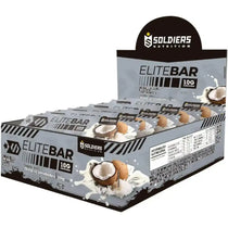 Caixa de barras de proteína EliteBar sabor coco, embalagem cinza, 10g de proteína por unidade.