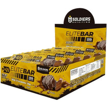 Caixa de barras de proteína EliteBar sabor pão de mel com 10g de proteína cada, embalagem amarela.