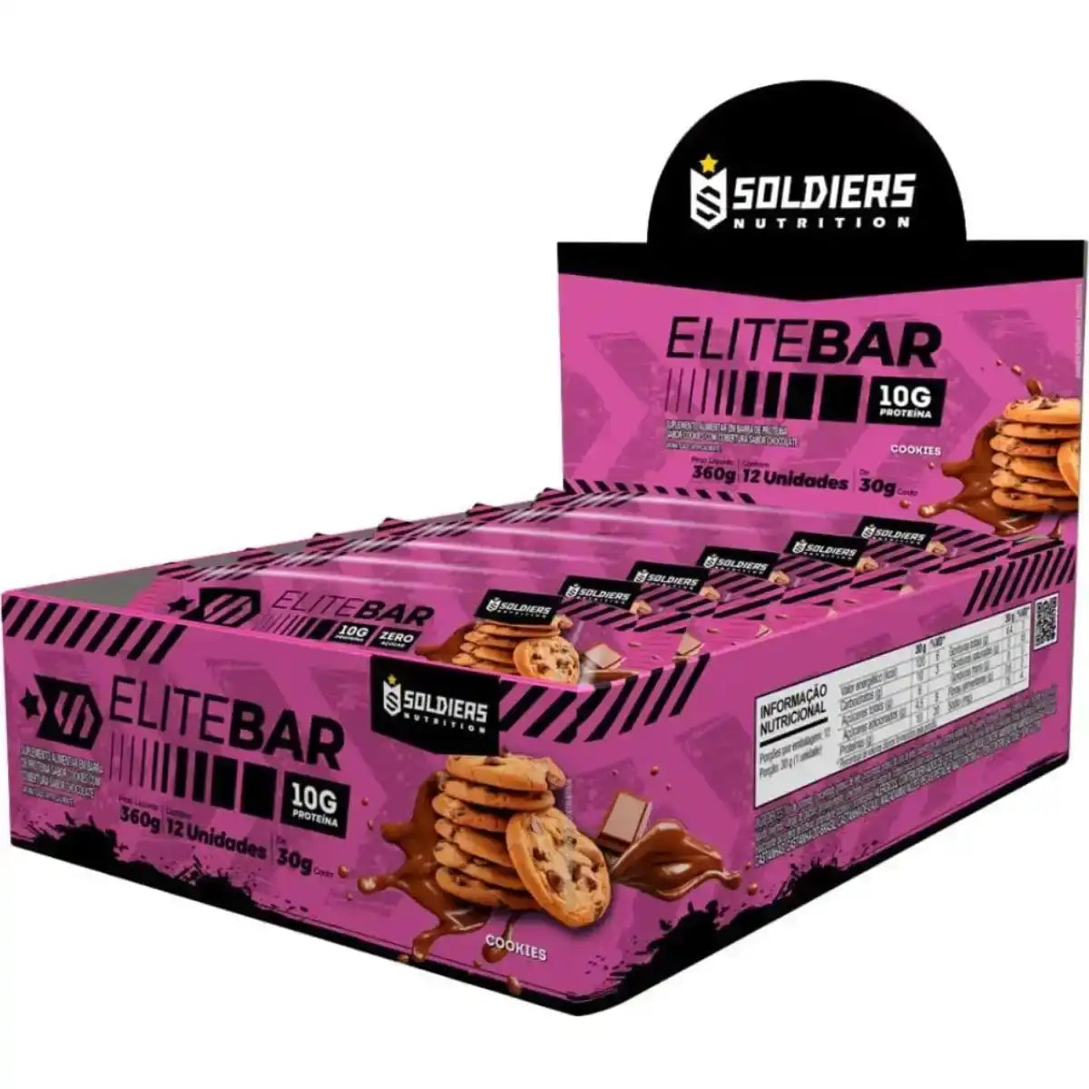 Caixa de barras de proteína EliteBar sabor cookies, 10g proteína por unidade, embalagem rosa.