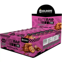 Caixa de barras de proteína EliteBar sabor cookies, 10g proteína por unidade, embalagem rosa.