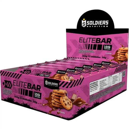 Caixa de barras de proteína EliteBar sabor cookies, 10g proteína por unidade, embalagem rosa.