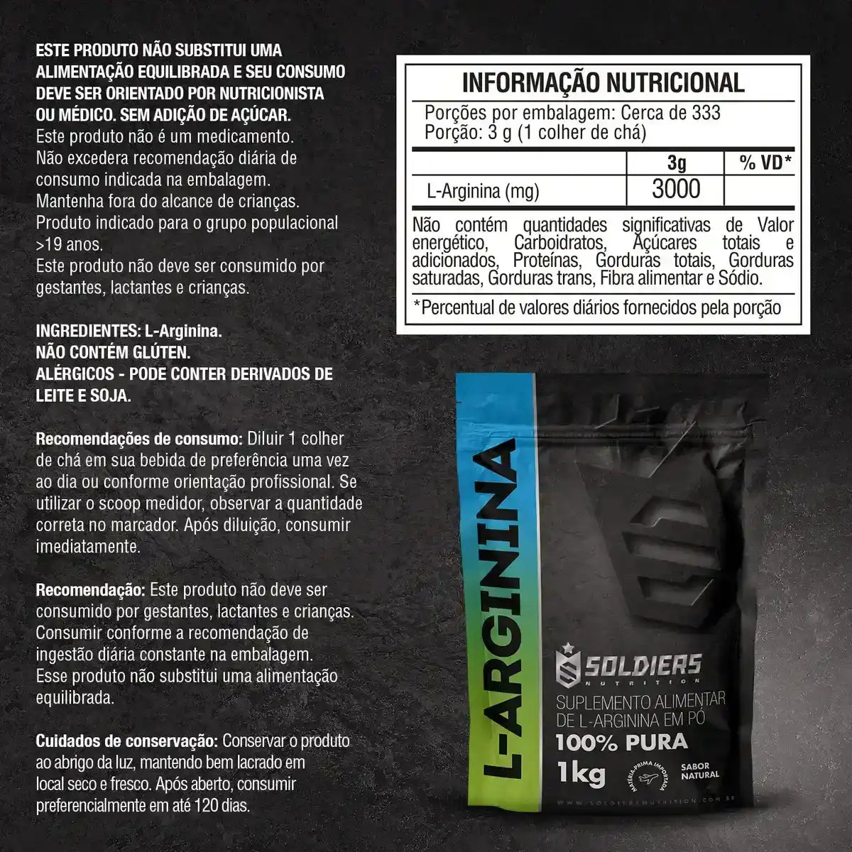 Embalagem preta de suplemento alimentar L-arginina em pó 1kg sabor natural, com tabela nutricional ao lado.