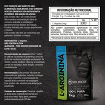 Embalagem preta de suplemento alimentar L-arginina em pó 1kg sabor natural, com tabela nutricional ao lado.