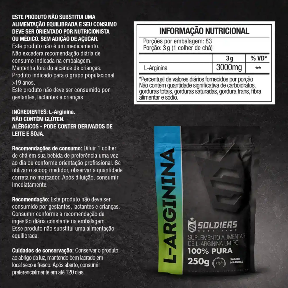 Arginina 250g - 100% Puro Importado - Soldiers Nutrition