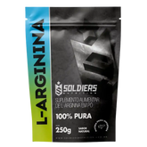 Embalagem de suplemento alimentar L-Arginina em pó, 250g, 100% pura, sabor natural.